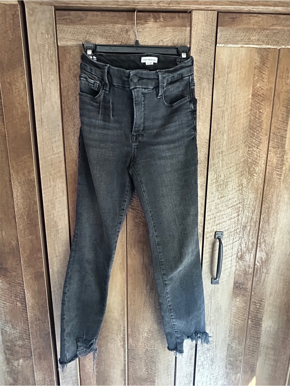 Good American Women’s High-Rise Straight Leg Distressed Black Jeans